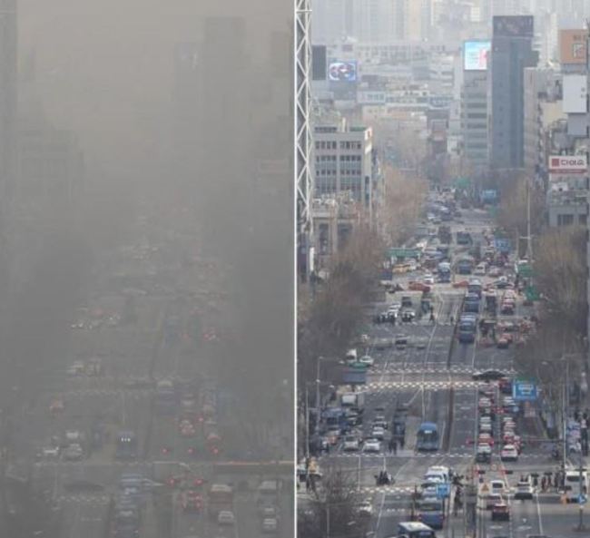 This composite photo, filed Jan. 16, 2019, shows before and after Seoul’s main Sejongro street was hit by the worst fine dust level between Jan. 15 and 16. (Yonhap)