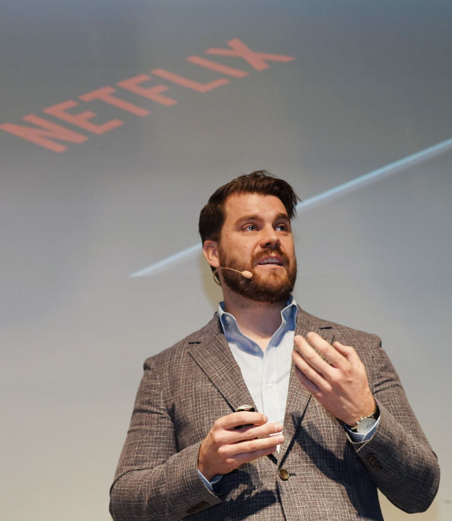 Andy Law, Netflix director of product design, mobile and web, speaks during a preview of “Kingdom” in Seoul on Jan. 24. (Netflix)