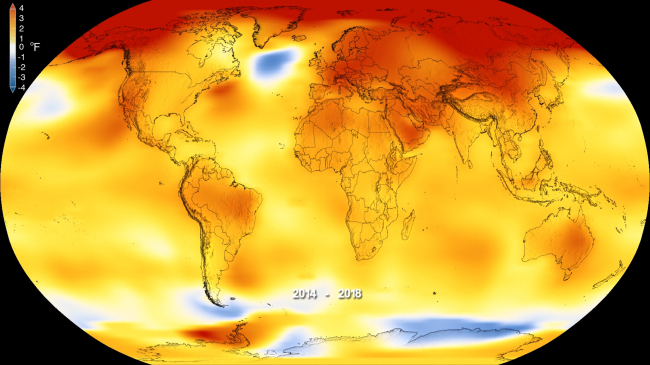 <YONHAP PHOTO-0701> This map made available by NASA in February 2019 shows global surface temperature anomalies for 2014-2018. Higher than normal temperatures are shown in red and lower than normal temperatures are shown in blue. Two U.S. agencies, the United Kingdom Met Office and the World Meteorological Organization analyzed global temperatures in slightly different ways, but each came to the same conclusion on Wednesday, Feb. 6, 2019: 2018 was the fourth-warmest year on record behind 2016, 2015 and 2017. (Kathryn Mersmann/NASA - Scientific Visualization Studio via AP)/2019-02-07 04:10:40/ <저작권자 ⓒ 1980-2019 ㈜연합뉴스. 무단 전재 재배포 금지.>
<YONHAP PHOTO-0701> This map made available by NASA in February 2019 shows global surface temperature anomalies for 2014-2018. Higher than normal temperatures are shown in red and lower than normal temperatures are shown in blue. Two U.S. agencies, the United Kingdom Met Office and the World Meteorological Organization analyzed global temperatures in slightly different ways, but each came to the same conclusion on Wednesday, Feb. 6, 2019: 2018 was the fourth-warmest year on record behind 2016, 2015 and 2017. (Kathryn Mersmann/NASA - Scientific Visualization Studio via AP)/2019-02-07 04:10:40/ <저작권자 ⓒ 1980-2019 ㈜연합뉴스. 무단 전재 재배포 금지.>