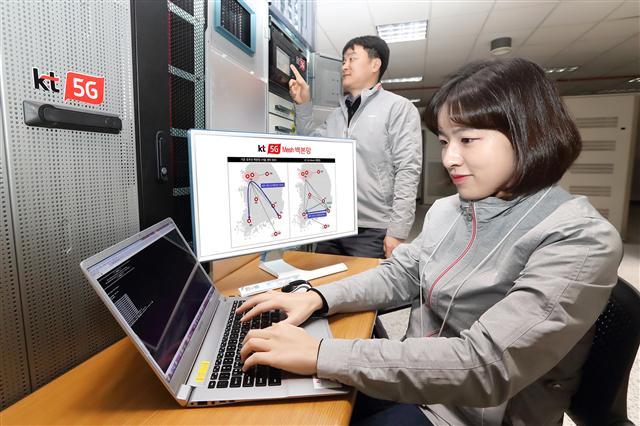 KT 직원들이 5G 백본망에 그물망 형태의 메시 구조를 적용하고 테스트하고 있다.  [KT 제공]