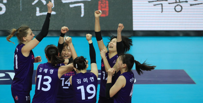 13일 오후 서울 장충체육관에서 '2018-2019 도드람 V리그' 서울 GS칼텍스과 인천 흥국생명의 경기가 열렸다. 흥국생명 선수들이 승리한 뒤 환호하고 있다. [연합뉴스]