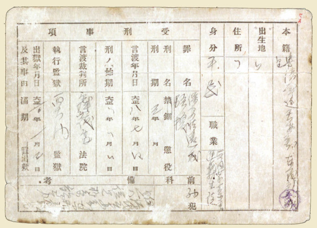일제 주요감시대상 인물카드(유관순) 후면 [사진제공=문화재청]