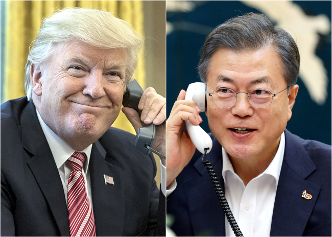 <YONHAP PHOTO-5271> 통화하는 한-미 정상 (서울=연합뉴스) 문재인 대통령이 19일 밤 청와대에서 제2차 북미정상회담을 앞두고 있는 미국 도널드 트럼프 대통령과 통화하고 있다. 2019.2.19 [청와대 제공·연합뉴스 자료사진] photo@yna.co.kr/2019-02-19 23:08:09/ <저작권자 ⓒ 1980-2019 ㈜연합뉴스. 무단 전재 재배포 금지.>
<YONHAP PHOTO-5271> 통화하는 한-미 정상 (서울=연합뉴스) 문재인 대통령이 19일 밤 청와대에서 제2차 북미정상회담을 앞두고 있는 미국 도널드 트럼프 대통령과 통화하고 있다. 2019.2.19 [청와대 제공·연합뉴스 자료사진] photo@yna.co.kr/2019-02-19 23:08:09/ <저작권자 ⓒ 1980-2019 ㈜연합뉴스. 무단 전재 재배포 금지.>