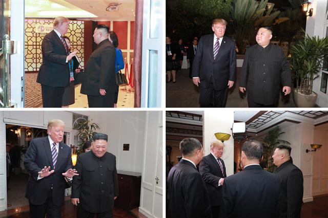 북한 노동당 기관지 노동신문이 28일자 1~2면에 게재한 김정은 위원장과 트럼프 대통령의 전날 단독회담과 만찬 관련 사진.  [연합]