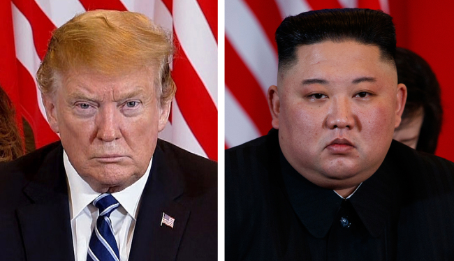 <YONHAP PHOTO-7465> 심각한 표정의 북미정상 (EPAㆍAP=연합뉴스) 제2차 북미정상회담 이튿날인 28일(현지시간) 도널드 트럼프(왼쪽) 미국 대통령과 김정은(오른쪽) 북한 국무위원장이 베트남 하노이의 소피텔 레전드 메트로폴 호텔에서 회담 도중 심각한 표정을 하고 있다. 백악관은 예정보다 일찍 종료된 2차 북미 정상회담과 관련, "현 시점에서 아무런 합의에 도달하지 못했다"고 밝혔다. 2019.2.28 photo@yna.co.kr/2019-02-28 15:53:58/ <저작권자 ⓒ 1980-2019 ㈜연합뉴스. 무단 전재 재배포 금지.>
<YONHAP PHOTO-7465> 심각한 표정의 북미정상 (EPAㆍAP=연합뉴스) 제2차 북미정상회담 이튿날인 28일(현지시간) 도널드 트럼프(왼쪽) 미국 대통령과 김정은(오른쪽) 북한 국무위원장이 베트남 하노이의 소피텔 레전드 메트로폴 호텔에서 회담 도중 심각한 표정을 하고 있다. 백악관은 예정보다 일찍 종료된 2차 북미 정상회담과 관련, "현 시점에서 아무런 합의에 도달하지 못했다"고 밝혔다. 2019.2.28 photo@yna.co.kr/2019-02-28 15:53:58/ <저작권자 ⓒ 1980-2019 ㈜연합뉴스. 무단 전재 재배포 금지.>
