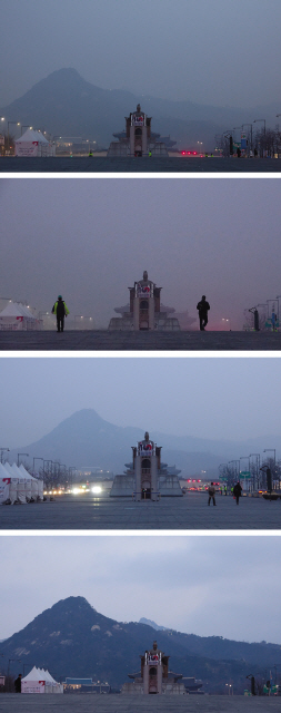 이번 주 서울 광화문 출근 시간 때 미세먼지 상태를 보면 악화되기 시작한 미세먼지는 화요일 가장 심각했다가 회복되기 시작해 목요일인 7일 오전에는 경복궁 뒤 북악산이 선명하게 보일 정도로 맑은 모습을 찾았다. 사진은 월요일인 4일부터 나흘 동안 오전 7시 45분쯤 광화문 광장의 미세먼지 상황이 변한 추이를 볼 수 있다.   [연합]