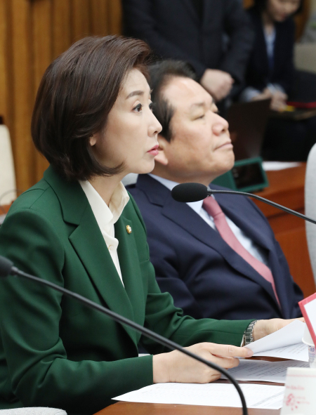 나경원 자유한국당 원내대표가 19일 국회에서 열린 원내대책회의에서 발언하고 있다. [연합]