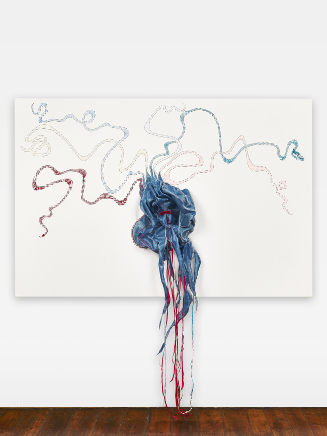 Nicholas Hlobo, Ibuthathaka, 2019. ribbon and leather on canvas. 47.24 x 70.87 inches / 120 x 180 cm. Courtesy the artist and Lehmann Maupin