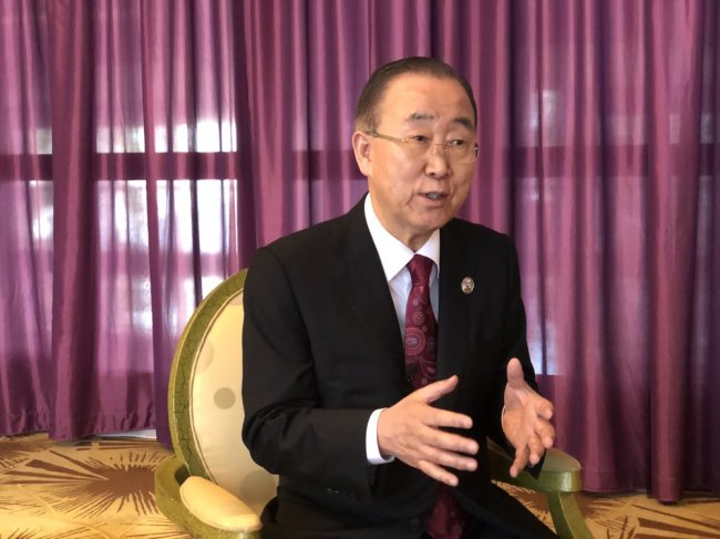 In this file photo taken on March 28, 2019, former UN Secretary-General Ban Ki-moon speaks to reporters during the Boao Forum for Asia (BFA) in Boao, Hainan Province, China. (Yonhap)