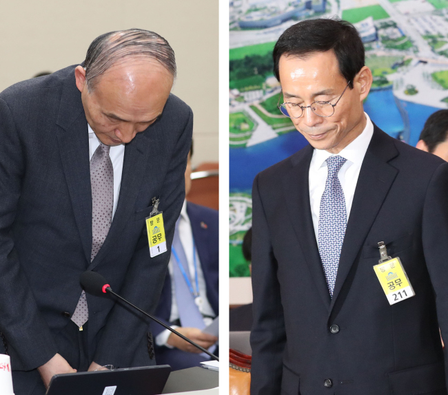 President Moon Jae-in on Sunday withdrew his nomination of Science and ICT Minister candidate Cho Dong-ho (left) over his participation in a controversial conference, while Transport Minister nominee Choi Jeong-ho (right) voluntarily stepped down amid growing questions over his qualifications for the role. (Yonhap)
