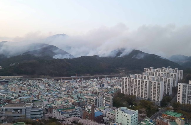 2일 오후 부산 해운대구 반송동 운봉산에서 불이 나 연기를 내뿜으며 퍼지고 있다.  [연합]