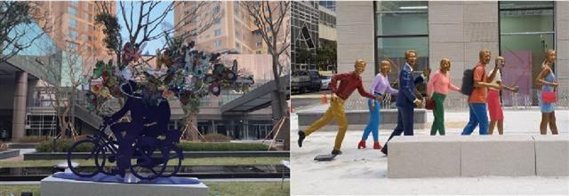 현 미술작품심의위 구성 아래에서 설치된 미술작. 금천구 독산동 롯데캐슬골드파크3차 내 ‘버터플라이 라이더’(왼쪽)과 송파구 방이동 잠실 엘퍼스트오피스텔 앞 ‘금요일 6시’.  [서울시 제공]