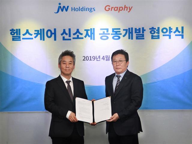 한성권 JW홀딩스 대표(오른쪽)와 심운섭 그래피 대표가 ‘헬스케어 신소재’ 공동개발 계약을 체결한 뒤 기념촬영을 하고 있다.