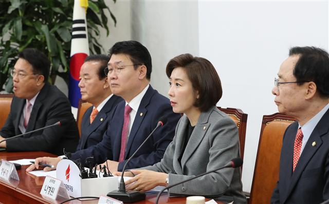 나경원 자유한국당 원내대표가 10일 국회에서 열린 중진의원 연석회의에서 발언하고 있다.  [연합]