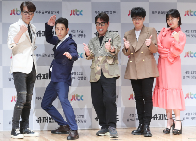 SuperBand JTBC 2019 producer-judges including Yoon Jong-shin and Suhyun at the launch press conference for the band audition show in western Seoul