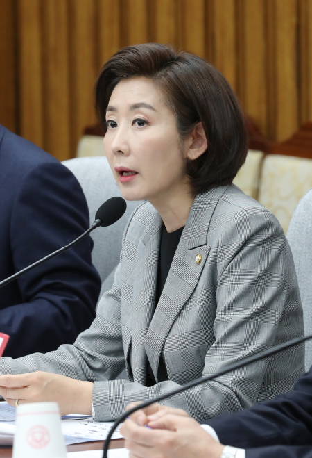 나경원 자유한국당 원내대표가 12일 국회에서 열린 원내대책회의에서 발언하고 있다. [연합]