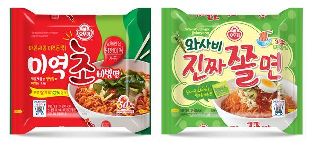 오뚜기 여름철 라면 신제품 ‘미역초 비빔면’(왼쪽)과 ‘와사비 진짜쫄면’ 제품 이미지.
[오뚜기 제공]