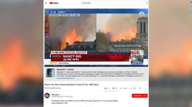 YouTube mistakenly put links to information about 9-11 underneath videos of the Notre Dame fire.