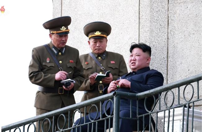 North Korean leader Kim Jong-un is seen inspecting an air force drill on Tuesday. Yonhap