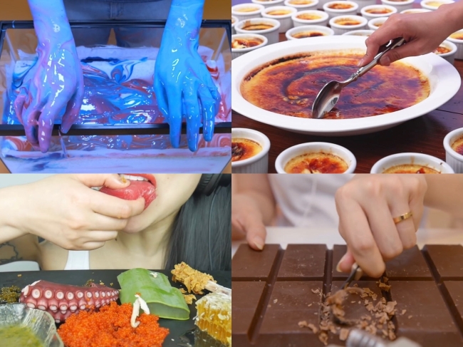 This image shows screenshots of some of the more popular ASMR videos on YouTube. One ASMR content creator, SAS-ASMR (bottom left), has 6.1 million followers on the platform.
