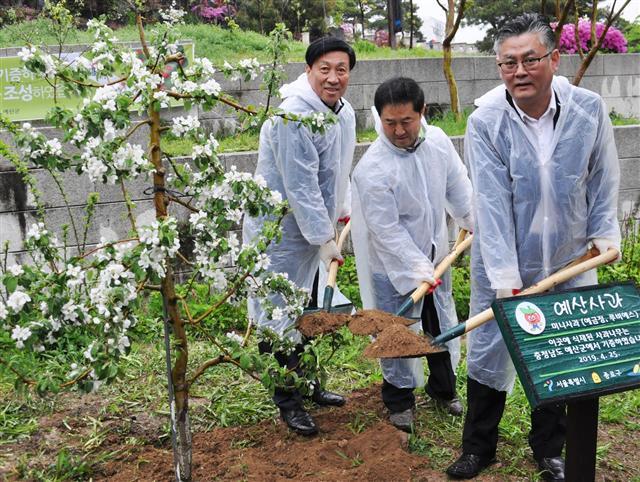최윤종(오른쪽) 서울시 푸른도시국장을 비롯 종로구, 예산군 관계자들이 ‘율곡로 사과나무 거리 조성협약’후 비가오는 가운데 기념식수를 하고 있다.