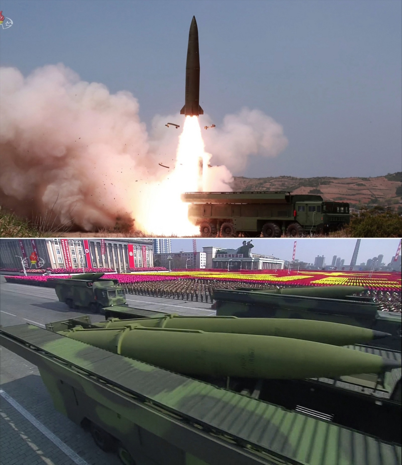 A photograph released by North Korea shows a projectile taking off (top), and a photograph of the weapons system suspected of being the projectile fired on Saturday seen at a military parade on Feb. 8 last year. Yonhap