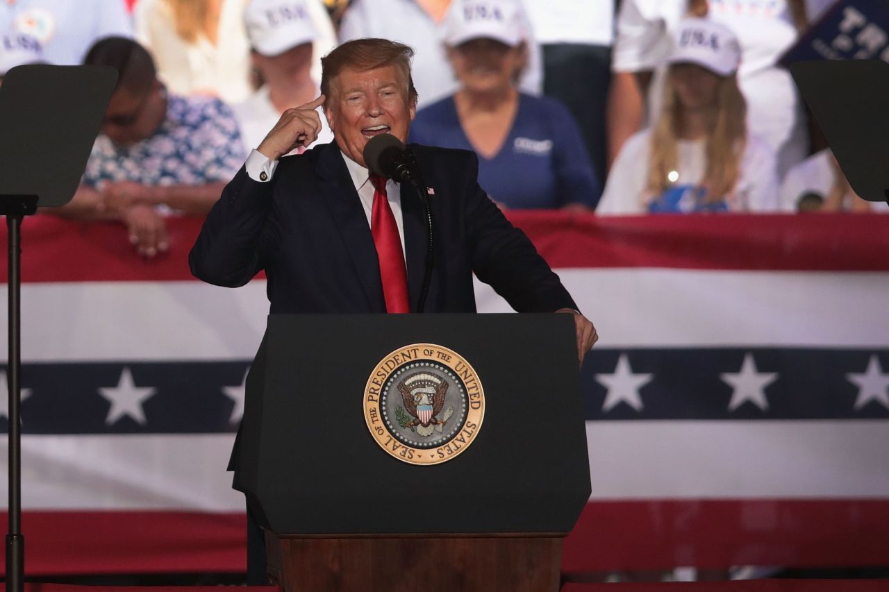 US President Donald Trump speaks during a rally at the Aaron Bessant Amphitheater on May 9, 2019 in Panama City Beach, Florida. (AFP-Yonhap)
