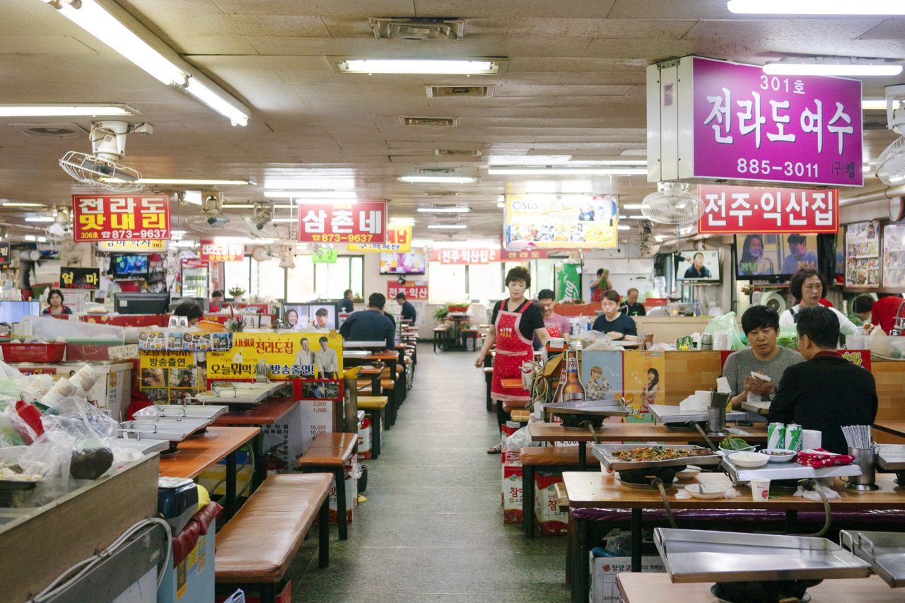 Sillim-dong Sundae Town in southwestern Seoul, two multi-story buildings entirely occupied by sundae blood sausage restaurants