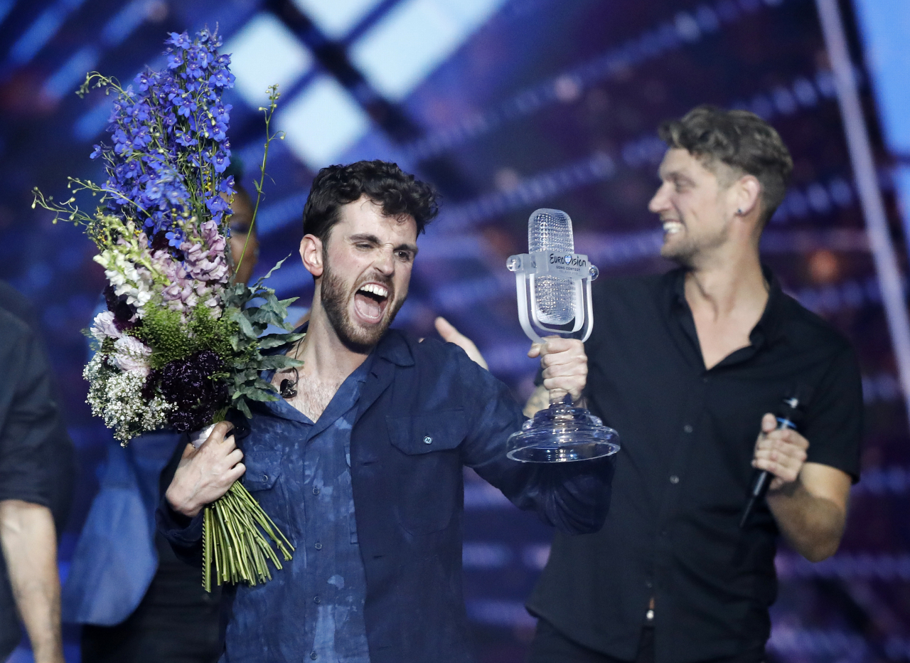 Duncan Laurence of the Netherlands celebrates after winning the 2019 Eurovision Song Contest grand final in Tel Aviv, Israel, Saturday, May 18, 2019. (AP)