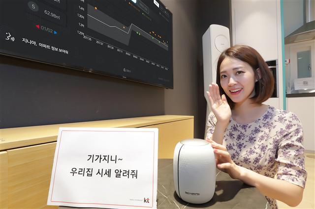 KT 모델이 기가지니를 활용 부동산 정보 조회 서비스 ‘집비서’ 출시를 알리고 있다.  [KT 제공]