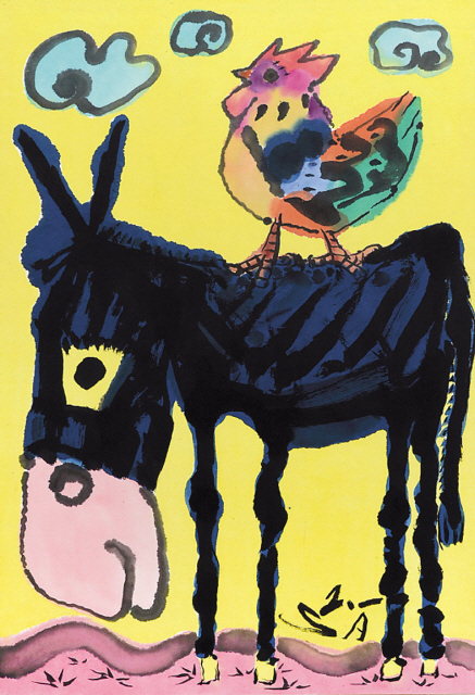 ①에바 알머슨 / Let‘s go / 캔버스에 유채 / 116.8×80.3cm (50호)
②남관 / 무제 / 캔버스에 유채 / 27.3×22cm (3호)
③사석원 / 당나귀와 닭 / 종이에 채색 / 80.8×56cm / 2000
④부샹파이 / 드로잉북 / 종이에 연필, 펜 / 20×12.5cm (66p중 일부)