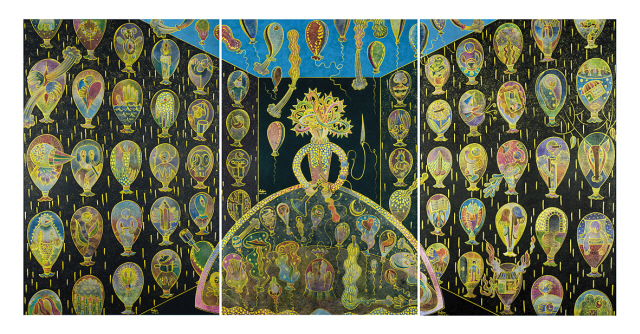 이피, 난 자의 난자, 장지에 먹, 금분, 색연필, 수채, 389.5 x191.5cm, 2018 [갤러리수 제공]