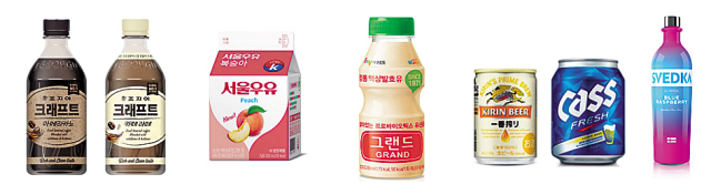 다양한 사이즈로 출시되는 커피음료와 유제품, 주류 이미지.