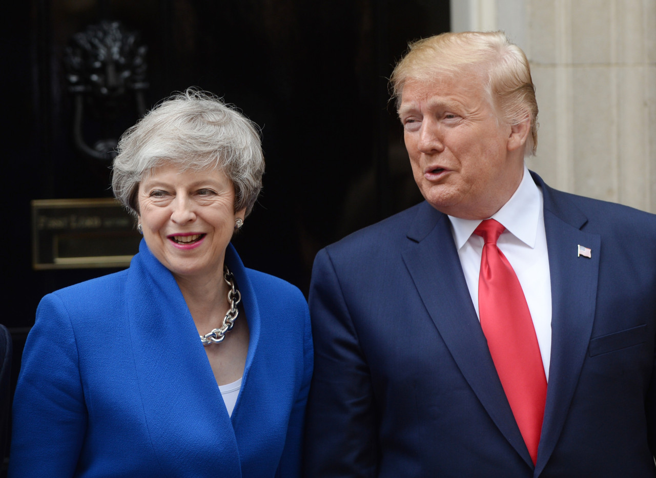 United States President Donald Trump meets with British Prime Minister Theresa May at No. 10 Downing Street during Trump's State Visit to London on June 4, 2019. (UPI-Yonhap)