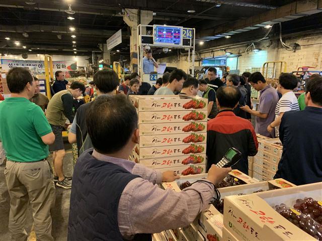 지난 3일 오전 3시께 찾아간 서울 송파구 농수산물도매시장. 중도매인들이 과일 경매에 참여하고 있는 모습.  [박로명 기자/dodo@]