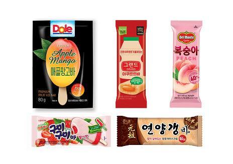 왼쪽 상단부터 시계방향으로 돌(Dole)코리아, 한국야쿠르트, 롯데푸드, 해태, 롯데제과 빙과 제품.