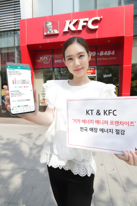KT가 KFC 코리아와 손잡고 전국 KFC 매장에 ‘기가 에너지 매니저 프랜차이즈’ 서비스를 적용한다. KT 모델이 전국 KFC 매장에 적용되는 ‘기가 에너지 매니저 프랜차이즈’ 서비스를 홍보하고 있다 [KT제공]