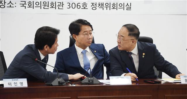 홍남기 부총리 겸 기획재정부 장관(오른쪽)이 11일 여의도 국회 의원회관에서 열린 더불어민주당과의 ‘가업상속 지원세제 개편방안 당정협의’에 참석, 모두발언을 하고 있다. 왼쪽부터 이인영 더불어민주당 원내대표와 조정식 정책위의장. 홍 부총리는 이 자리서 “가업상속공제제도의 실효성을 높이는 이번 개편이 가업의 안정적 유지와 경쟁력 제고를 통해 고용불안과 투자 저해요인을 해소해 중소ㆍ중견기업의 활력을 회복하는데 기여할 수 있을 것으로 기대한다”고 말했다.  [기획재정부 제공]