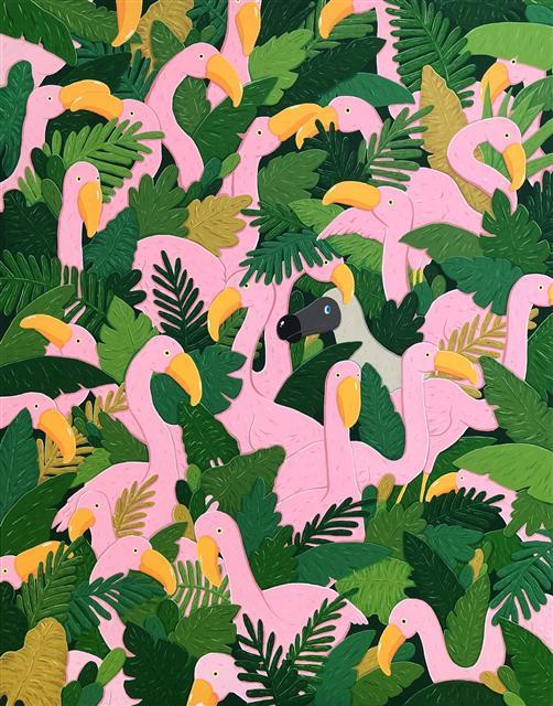 김선우, Dodo in flamingo, Gouache On Canvans, 145×111cm, 2018  [슈페리어갤러리 제공]