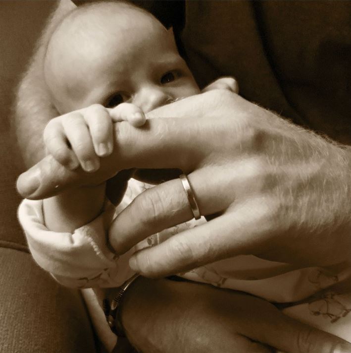 In this undated photo issued by Britain`s Prince Harry Duke and Duchess of Sussex of their six-week-old son Archie Harrison Mountbatten-Windsor that they shared on their Instagram account @SussexRoyal to mark Father`s Day, Sunday June 16, 2019. Prince Harry and Meghan Duchess of Sussex are celebrating their first Father`s Day together with their son Archie, by sharing this new sepia toned image showing Prince Harry holding Archie, on their royal Instagram account. (The Duke and Duchess of Sussex/@SussexRoyal via AP)
