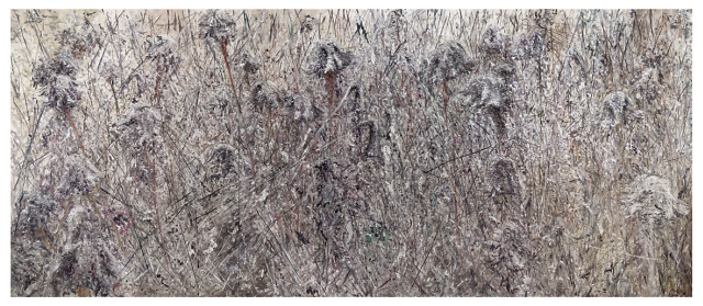 PKM갤러리 김지원 개인전 ‘캔버스 비행’ 전시 전경(위), 김지원, 맨드라미, 2018, oil on linen, 228×546cm  [PKM갤러리 제공]