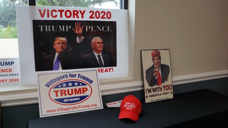 Pro-Trump merchandise adorns the recreation center in The Villages, Florida, where leaders of local Republican clubs meet to organize and support the re-election of President Donald Trump. (AFP)