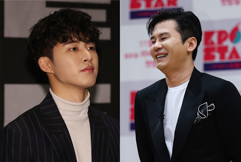 Founder of YG Entertainment, Yang Hyun-suk (right) and leader of boy band iKON, B.I (Yonhap)