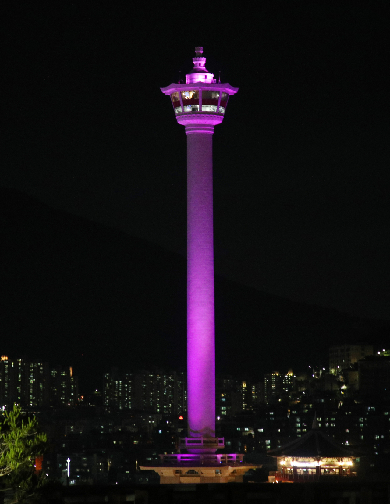 지난 13일 오후 부산의 랜드마크인 부산 용두산 부산타워가 방탄소년단을 상징하는 보라색으로 물들고 있다.[연합]