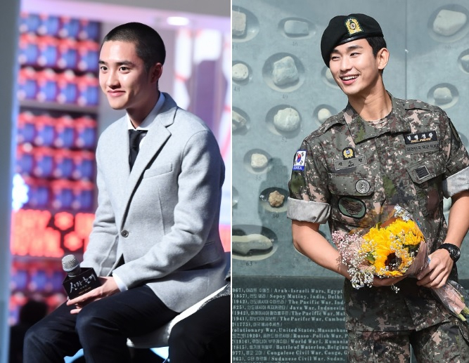 엑소(EXO) 멤버 디오(왼쪽)가 1일 육군 현역으로 자원입대 한다. 한류스타 김수현은 이날 군 복무를 무사히 마치고 만기 제대했다. [OSEN]