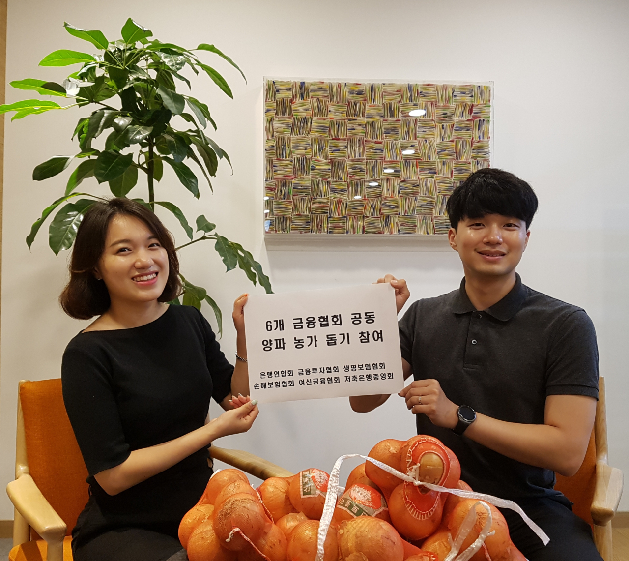 은행연합회, 금융투자협회, 생명보험협회, 손해보험협회, 여신금융협회, 저축은행중앙회 등 6개 금융협회는 생산 과잉에 따른 양파값 폭락으로 어려움을 겪고 있는 농가를 돕기 위해 금융협회 공동으로 범 금융권 양파 소비촉진 운동을 실시하기로 했다. [은행연합회 제공]