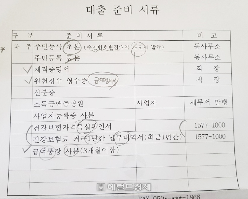 서울의 한 우리은행 지점에서 제시한 대출 구비서류 목록 [사진=김용재 인턴기자]