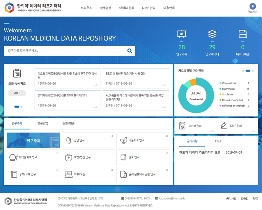 - 한의약 데이터 리포지터리 메인화면.[한국한의학연구원 제공]
