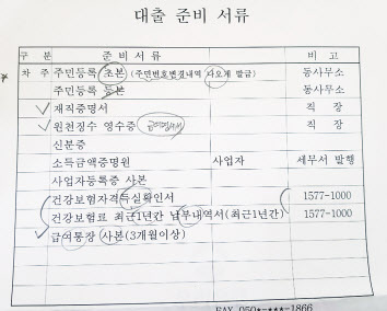 서울 성동구의 한 우리은행 지점에서 제시한 대출 구비서류.  [김용재 인턴기자]