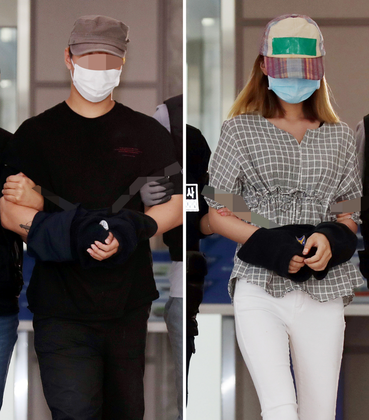 생후 7개월 된 딸을 아파트에 방치해 숨지게 한 혐의를 받는 부모 A(왼쪽) 씨와 B 양이 14일 오전 인천지방검찰청으로 송치되고 있는 모습. [연합]
